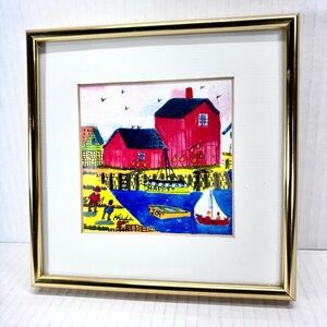 HILDA Kaihlanen Watercolor Folk Art Waterfront Print Framed Artist Signed Matte